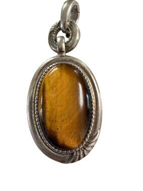 Tiger’s Eye Oval Pendant 1.5” Natural Stone Silver Beaded Frame Vintage Style